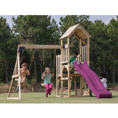 AXI Spielturm aus FSC Holz mit lila Rutsche, Schaukel & Picknicktisch AXI Spielturm aus FSC Holz mit lila Rutsche, Schaukel & Picknicktisch