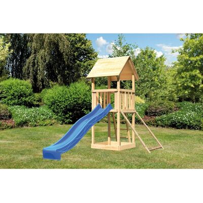 Karibu Spielturm Lotti mit Satteldach, Netzrampe & Rutsche Blau Karibu Spielturm Lotti mit Satteldach, Netzrampe & Rutsche Blau