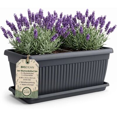 BigDean 3er Pack Blumenkübel Jumbo 80x37,5x30,5cm 60 Liter Mediterranes Design inkl. Untersetzer Anthrazit BigDean 3er Pack Blumenkübel Jumbo 80x37,5x30,5cm 60 Liter Mediterranes Design inkl. Untersetzer Anthrazit