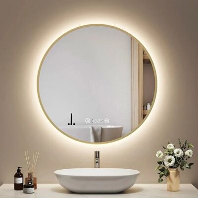 Emke Rund LED Badspiegel 70 cm Spiegel mit Beleuchtung Gebürstetem Goldrahmen Antibeschlage Uhr Temperatur Dimmbar Neutrales Licht Emke Rund LED Badspiegel 70 cm Spiegel mit Beleuchtung Gebürstetem Goldrahmen Antibeschlage Uhr Temperatur Dimmbar Neutrales Licht