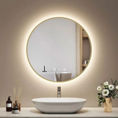 Emke Rund LED Badspiegel 60 cm Spiegel mit Beleuchtung Gebürstetem Goldrahmen Antibeschlage Uhr Temperatur Dimmbar Neutrales Licht Emke Rund LED Badspiegel 60 cm Spiegel mit Beleuchtung Gebürstetem Goldrahmen Antibeschlage Uhr Temperatur Dimmbar Neutrales Licht