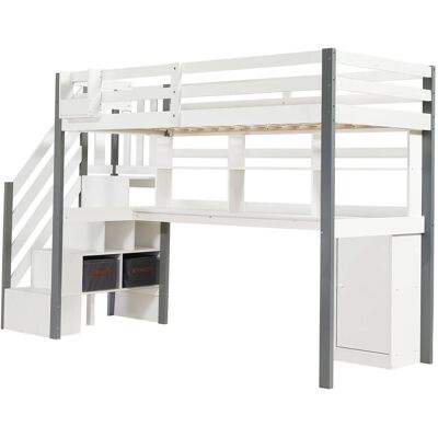 okwish Halbhochbett 90x200cm mit Schreibtisch Regal und Aufbewahrungsbox Weiß Grau ohne Matratze okwish Halbhochbett 90x200cm mit Schreibtisch Regal und Aufbewahrungsbox Weiß Grau ohne Matratze