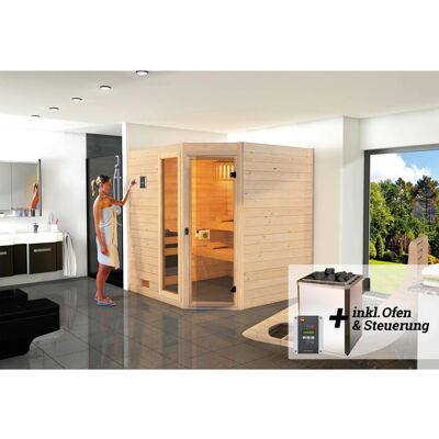 Weka Massivholzsauna Valida Eck 1.8 Sparset 7,5 kW OS Glastür/Fenster Weka Massivholzsauna Valida Eck 1.8 Sparset 7,5 kW OS Glastür/Fenster