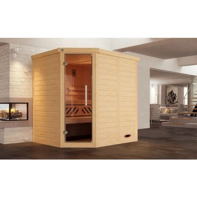 Weka Massivholzelementsauna Kemi Eck Sparset 7,5 kW BioS Glastür Weka Massivholzelementsauna Kemi Eck Sparset 7,5 kW BioS Glastür