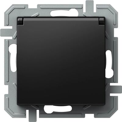 Tem Schutzkontakt-Steckdose Logiq Flat mit Klappdeckel Schwarz Tem Schutzkontakt-Steckdose Logiq Flat mit Klappdeckel Schwarz