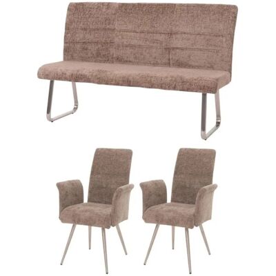 MCW Esszimmer-Set G55 2er-Set Stuhl mit Armlehne+Sitzbank 160cm 3-teilig Stoff Chenille Braun MCW Esszimmer-Set G55 2er-Set Stuhl mit Armlehne+Sitzbank 160cm 3-teilig Stoff Chenille Braun