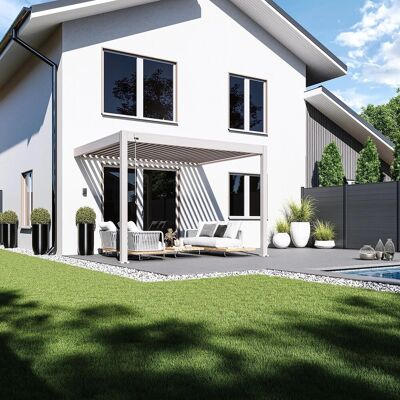 Weide Deluxe, Wand Pergola, Voll Aluminium, 3 x 3,6 M, Lamellendach Ivory Sand Weide Deluxe, Wand Pergola, Voll Aluminium, 3 x 3,6 M, Lamellendach Ivory Sand