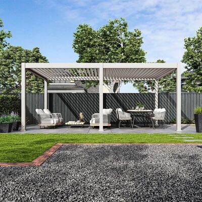 Weide E-Deluxe Plus, elektrische Pergola mit LED, Voll Aluminium, 4 x 6 M, motorisiertes Lamellendach Ivory Sand Weide E-Deluxe Plus, elektrische Pergola mit LED, Voll Aluminium, 4 x 6 M, motorisiertes Lamellendach Ivory Sand
