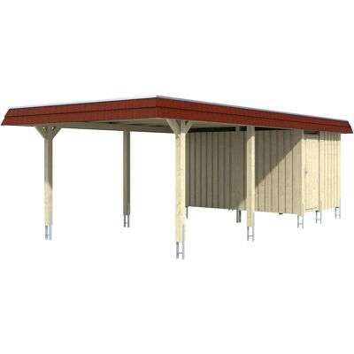 Skan Holz Carport Wendland Eiche hell + Anbau 409 x 870 cm EPDM-Dach Blende Rot Skan Holz Carport Wendland Eiche hell + Anbau 409 x 870 cm EPDM-Dach Blende Rot