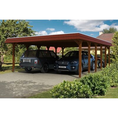 Skan Holz Carport Spreewald 585 cm x 893 cm rote Blende Nussbaum Skan Holz Carport Spreewald 585 cm x 893 cm rote Blende Nussbaum