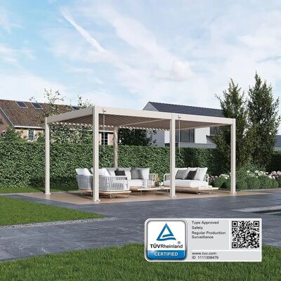 Weide Deluxe, Pergola Voll Aluminium freistehend, 3,6 x 5,3 M, Lamellendach Ivory Sand Weide Deluxe, Pergola Voll Aluminium freistehend, 3,6 x 5,3 M, Lamellendach Ivory Sand