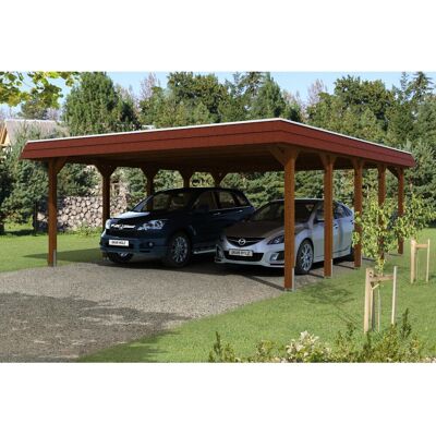 Skan Holz Carport Spreewald 585 cm x 741 cm rote Blende Nussbaum Skan Holz Carport Spreewald 585 cm x 741 cm rote Blende Nussbaum