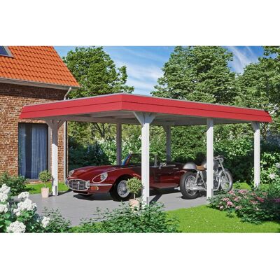 Skan Holz Carport Wendland Weiß 409 x 628 cm EPDM-Dach Blende Rot Skan Holz Carport Wendland Weiß 409 x 628 cm EPDM-Dach Blende Rot