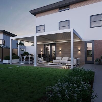 Weide E-Deluxe Plus, elektrische Wand Pergola mit LED, Voll Aluminium, 4 x 6 M, motorisiertes Lamellendach weiß Weide E-Deluxe Plus, elektrische Wand Pergola mit LED, Voll Aluminium, 4 x 6 M, motorisiertes Lamellendach weiß