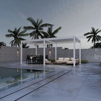 Weide E-Deluxe, elektrische Pergola mit LED, Voll Aluminium, 3 x 6 M, motorisiertes Lamellendach weiß Weide E-Deluxe, elektrische Pergola mit LED, Voll Aluminium, 3 x 6 M, motorisiertes Lamellendach weiß