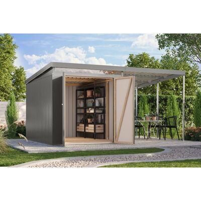 Karibu Metallgerätehaus Neos 2,5 mit Anbaudach 2 m Graualuminium Karibu Metallgerätehaus Neos 2,5 mit Anbaudach 2 m Graualuminium
