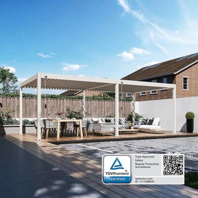 Weide Deluxe, Pergola Voll Aluminium freistehend, 3,6 x 7,2 M, Lamellendach Ivory Sand Weide Deluxe, Pergola Voll Aluminium freistehend, 3,6 x 7,2 M, Lamellendach Ivory Sand