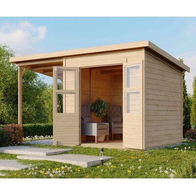 Karibu Holz-Gartenhaus Neuenburg Natur 370 cm x 150 cm davon 162 cm Anbaubach Karibu Holz-Gartenhaus Neuenburg Natur 370 cm x 150 cm davon 162 cm Anbaubach