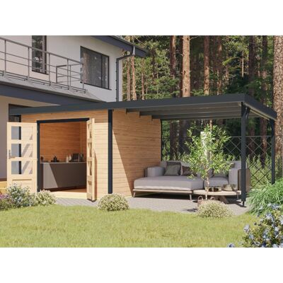 Karibu Gartenhaus Set Domingo A Naturbelassen-Anthrazit mit Anbaudach 7 m² Karibu Gartenhaus Set Domingo A Naturbelassen-Anthrazit mit Anbaudach 7 m²