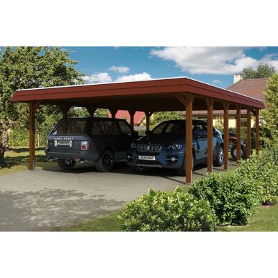 Skan Holz Carport Spreewald 585 cm x 893 cm Alu-Dach rote Blende Nussbaum Skan Holz Carport Spreewald 585 cm x 893 cm Alu-Dach rote Blende Nussbaum