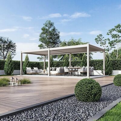 Weide E-Deluxe Plus, elektrische Pergola mit LED, Voll Aluminium, 4 x 8 M, motorisiertes Lamellendach Ivory Sand Weide E-Deluxe Plus, elektrische Pergola mit LED, Voll Aluminium, 4 x 8 M, motorisiertes Lamellendach Ivory Sand