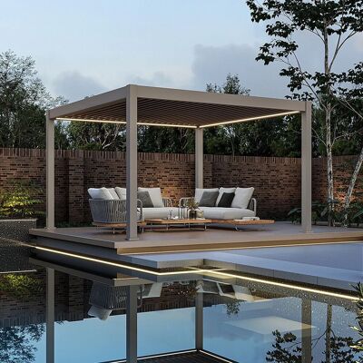 Weide E-Deluxe Plus, elektrische Pergola mit LED, Voll Aluminium, 4 x 4 M, motorisiertes Lamellendach Ivory Sand Weide E-Deluxe Plus, elektrische Pergola mit LED, Voll Aluminium, 4 x 4 M, motorisiertes Lamellendach Ivory Sand