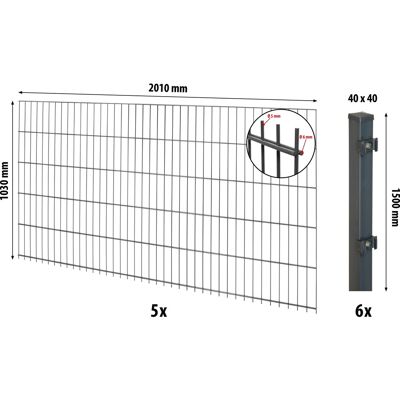 Floraworld Doppelstabmatten-Zaunset mit Pfosten 4 x 4 cm Anthrazit 103 x 1000 cm Floraworld Doppelstabmatten-Zaunset mit Pfosten 4 x 4 cm Anthrazit 103 x 1000 cm