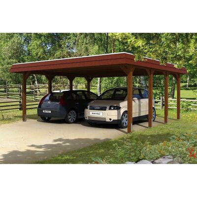 Skan Holz Carport Spreewald 585 cm x 589 cm rote Blende Nussbaum Skan Holz Carport Spreewald 585 cm x 589 cm rote Blende Nussbaum