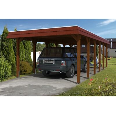 Skan Holz Carport Spreewald 396 cm x 893 cm rote Blende Nussbaum Skan Holz Carport Spreewald 396 cm x 893 cm rote Blende Nussbaum