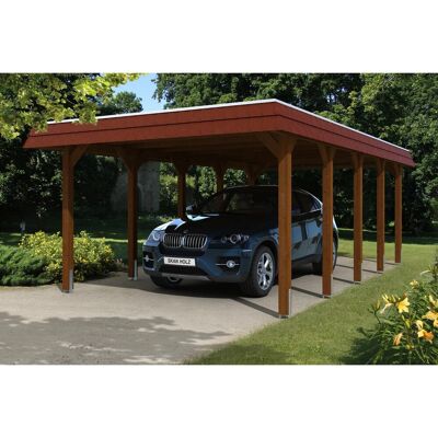 Skan Holz Carport Spreewald 396 cm x 741 cm rote Blende EPDM Dachbahn Nussbaum Skan Holz Carport Spreewald 396 cm x 741 cm rote Blende EPDM Dachbahn Nussbaum