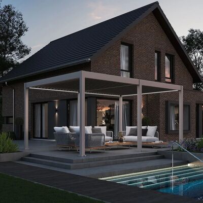 Weide E-Deluxe, elektrische Pergola mit LED, Voll Aluminium, 3,6 x 5,3 M, motorisiertes Lamellendach Ivory Sand Weide E-Deluxe, elektrische Pergola mit LED, Voll Aluminium, 3,6 x 5,3 M, motorisiertes Lamellendach Ivory Sand