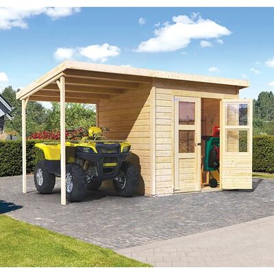 Karibu Holz-Gartenhaus Neuenburg Natur 370 cm x 210 cm davon 162 cm Anbaubach Karibu Holz-Gartenhaus Neuenburg Natur 370 cm x 210 cm davon 162 cm Anbaubach