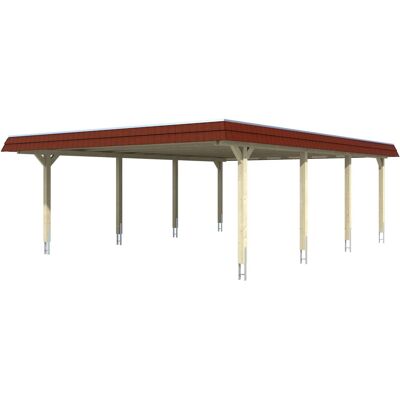Skan Holz Doppelcarport Wendland Eiche hell 630 x 879 cm Alu-Dach Blende Rot Skan Holz Doppelcarport Wendland Eiche hell 630 x 879 cm Alu-Dach Blende Rot