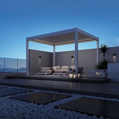 Weide E-Deluxe, elektrische Pergola mit LED, Voll Aluminium, 3 x 4 M, motorisiertes Lamellendach weiß Weide E-Deluxe, elektrische Pergola mit LED, Voll Aluminium, 3 x 4 M, motorisiertes Lamellendach weiß