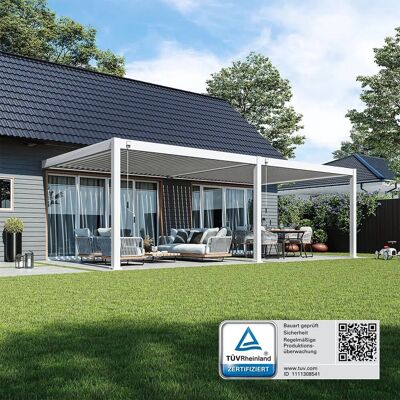 Weide Deluxe Plus, Wand Pergola, Voll Aluminium, 4 x 8 M, Lamellendach Weiß Weide Deluxe Plus, Wand Pergola, Voll Aluminium, 4 x 8 M, Lamellendach Weiß