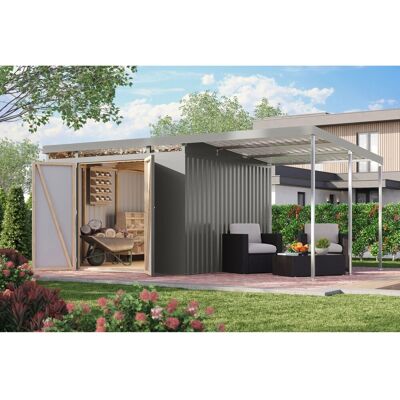 Karibu Metallgerätehaus Neos 3,5 mit Anbaudach 2 m Graualuminium Karibu Metallgerätehaus Neos 3,5 mit Anbaudach 2 m Graualuminium