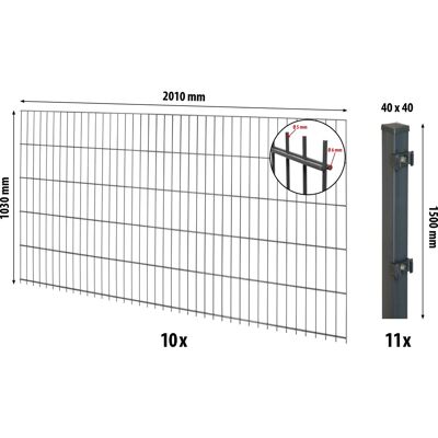 Floraworld Doppelstabmatten-Zaunset mit Pfosten 4 x 4 cm Anthrazit 103 x 2000 cm Floraworld Doppelstabmatten-Zaunset mit Pfosten 4 x 4 cm Anthrazit 103 x 2000 cm