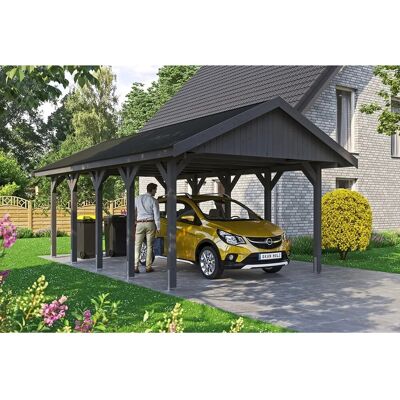 Skan Holz Satteldach-Carport Wallgau Schiefergrau 430 x 750 cm schwarze Schindeln Skan Holz Satteldach-Carport Wallgau Schiefergrau 430 x 750 cm schwarze Schindeln
