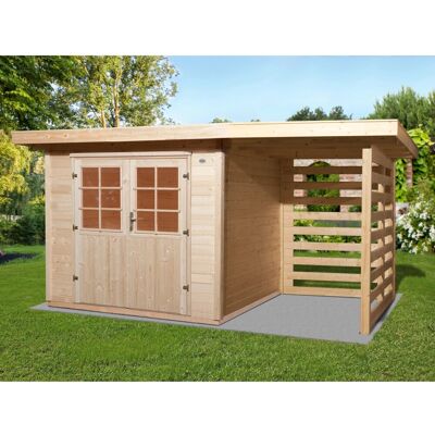 OBI Outdoor Living OBI Holz-Gartenhaus La Spezia Natur 385 cm x 209 cm davon 150 cm Anbaudach OBI Outdoor Living OBI Holz-Gartenhaus La Spezia Natur 385 cm x 209 cm davon 150 cm Anbaudach