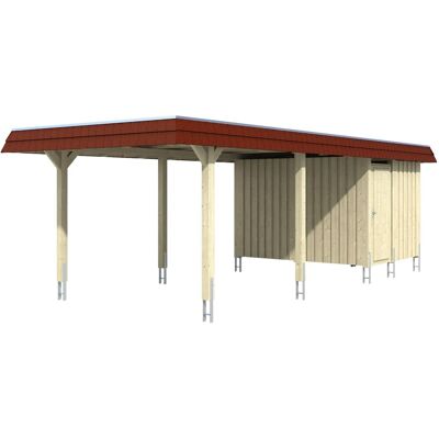 Skan Holz Carport Wendland Eiche hell + Anbau 362 x 870 cm Alu-Dach Blende Rot Skan Holz Carport Wendland Eiche hell + Anbau 362 x 870 cm Alu-Dach Blende Rot