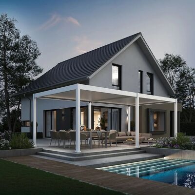 Weide E-Deluxe, elektrische Pergola mit LED, Voll Aluminium, 3,6 x 7,2 M, motorisiertes Lamellendach weiß Weide E-Deluxe, elektrische Pergola mit LED, Voll Aluminium, 3,6 x 7,2 M, motorisiertes Lamellendach weiß