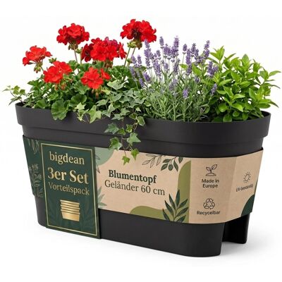 BigDean 3X Blumenkasten Balkongeländer 60Cm Anthrazit Balkonkasten Inklusive Halterung Blumentopf Zum Aufhängen Wasserablauf Gegen BigDean 3X Blumenkasten Balkongeländer 60Cm Anthrazit Balkonkasten Inklusive Halterung Blumentopf Zum Aufhängen Wasserablauf Gegen