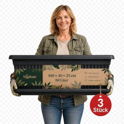 BigDean 3er Pack BigDean Blumenkübel Jumbo 100x40x35cm 88 Liter Mediterranes Design inkl Untersetzer Anthrazit BigDean 3er Pack BigDean Blumenkübel Jumbo 100x40x35cm 88 Liter Mediterranes Design inkl Untersetzer Anthrazit