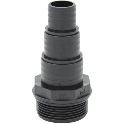 Stufen-Schlauchtülle 47,8 mm (G 1 1/2 Zoll) AG auf Schlauchtülle 38/32/25 mm PP Stufen-Schlauchtülle 47,8 mm (G 1 1/2 Zoll) AG auf Schlauchtülle 38/32/25 mm PP