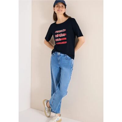 cecil T-Shirt mit Boatneck und Wording - Blau - Damen - Size: XS S XL 3XL XXL L M cecil T-Shirt mit Boatneck und Wording - Blau - Damen - Size: XS S XL 3XL XXL L M
