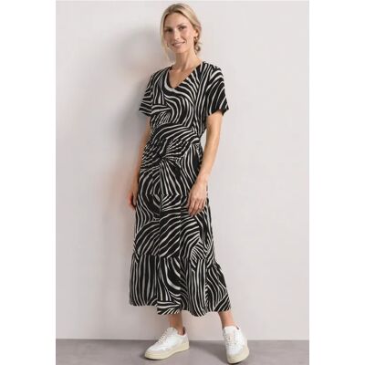 Street One Midi-Kleid mit Print und Smok-Detail - Schwarz - Damen Street One Midi-Kleid mit Print und Smok-Detail - Schwarz - Damen