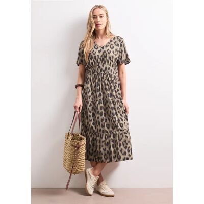 Street One Midi-Kleid mit Print und Smok-Detail - Beige - Damen Street One Midi-Kleid mit Print und Smok-Detail - Beige - Damen