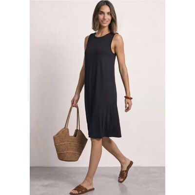 Street One Knielanges Kleid mit Rundhals und Knopfdetail - Schwarz - Damen Street One Knielanges Kleid mit Rundhals und Knopfdetail - Schwarz - Damen