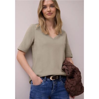 Street One Basic T-Shirt mit V-Neck in Unifarbe - Beige - Damen Street One Basic T-Shirt mit V-Neck in Unifarbe - Beige - Damen