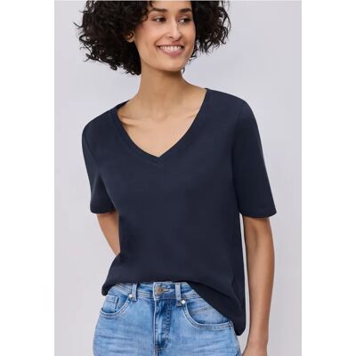 Street One Basic T-Shirt mit V-Neck in Unifarbe - Blau - Damen Street One Basic T-Shirt mit V-Neck in Unifarbe - Blau - Damen